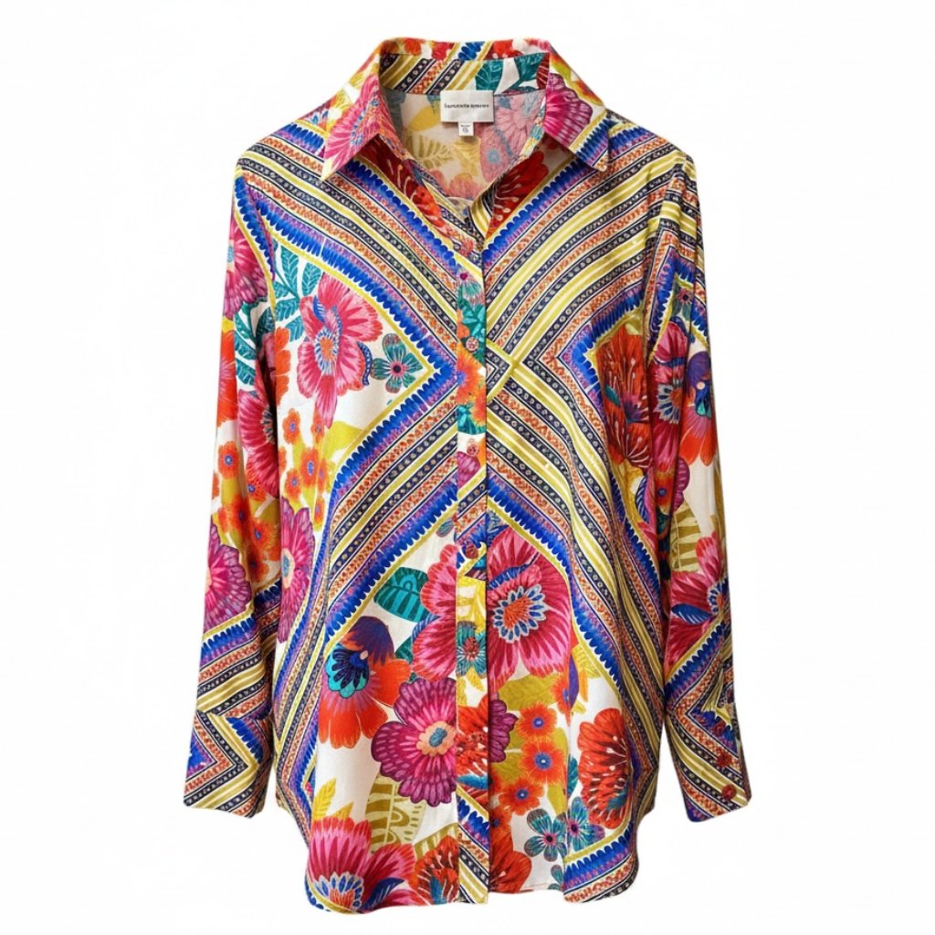 Lavender Brown Colorful Vibrant Floral Button Up Long Sleeve Silky Top Women's L